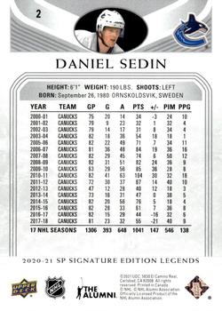 2020-21 SP Signature Edition Legends #2 Daniel Sedin Back