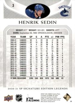 2020-21 SP Signature Edition Legends #3 Henrik Sedin Back