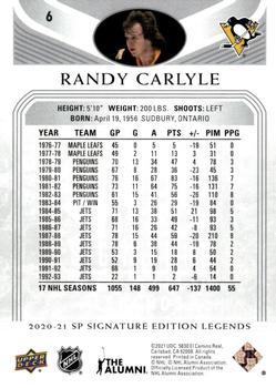 2020-21 SP Signature Edition Legends #6 Randy Carlyle Back
