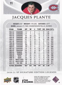 2020-21 SP Signature Edition Legends #11 Jacques Plante Back
