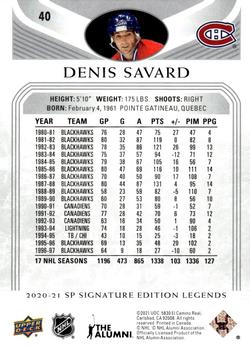 2020-21 SP Signature Edition Legends #40 Denis Savard Back