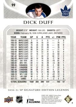 2020-21 SP Signature Edition Legends #99 Dick Duff Back