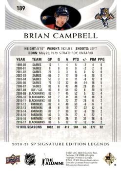 2020-21 SP Signature Edition Legends #189 Brian Campbell Back