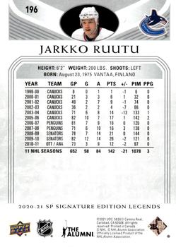 2020-21 SP Signature Edition Legends #196 Jarkko Ruutu Back