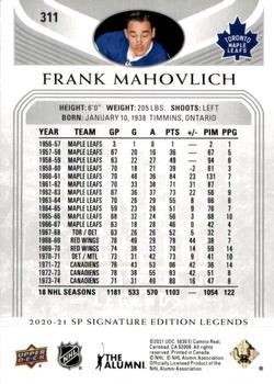 2020-21 SP Signature Edition Legends #311 Frank Mahovlich Back