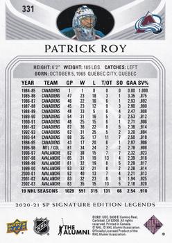 2020-21 SP Signature Edition Legends #331 Patrick Roy Back