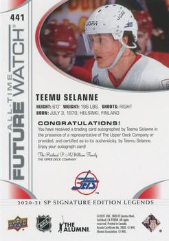 2020-21 SP Signature Edition Legends #441 Teemu Selanne Back