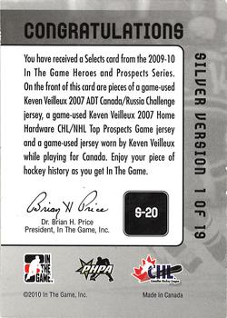 2015-16 In The Game Final Vault - 2009-10 In The Game Heroes and Prospects - Selects Jerseys (Blue Vault Stamp) #S-20 Keven Veilleux Back