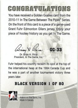 2015-16 In The Game Final Vault - 2010-11 In The Game Between The Pipes Golden Goalies Jerseys Black (Green Vault Stamp) #GG-33 Grant Fuhr Back