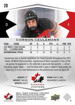 2021-22 Upper Deck Team Canada Juniors #20 Corson Ceulemans Back