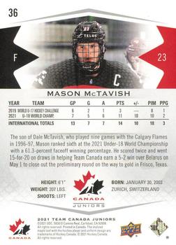 2021-22 Upper Deck Team Canada Juniors #36 Mason McTavish Back
