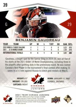 2021-22 Upper Deck Team Canada Juniors #39 Benjamin Gaudreau Back
