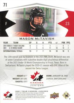 2021-22 Upper Deck Team Canada Juniors #71 Mason McTavish Back