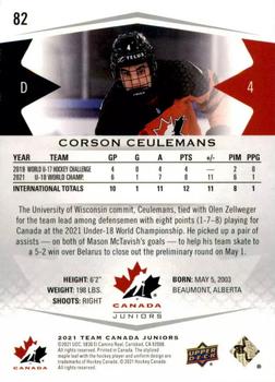 2021-22 Upper Deck Team Canada Juniors #82 Corson Ceulemans Back