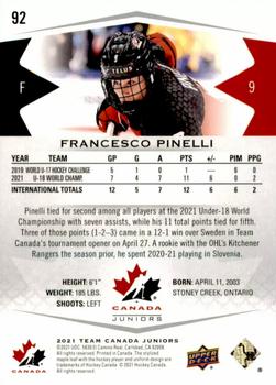 2021-22 Upper Deck Team Canada Juniors #92 Francesco Pinelli Back