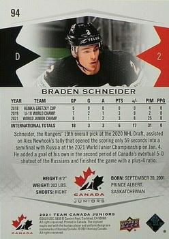 2021-22 Upper Deck Team Canada Juniors #94 Braden Schneider Back