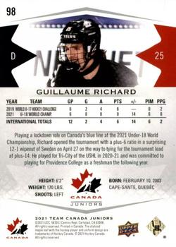 2021-22 Upper Deck Team Canada Juniors #98 Guillaume Richard Back