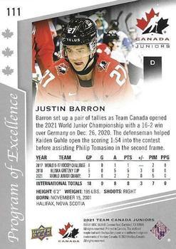 2021-22 Upper Deck Team Canada Juniors #111 Justin Barron Back
