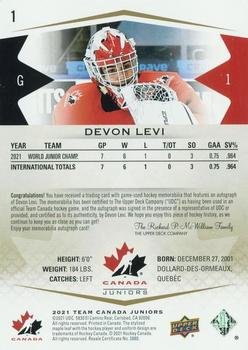 2021-22 Upper Deck Team Canada Juniors - Auto Patch #1 Devon Levi Back
