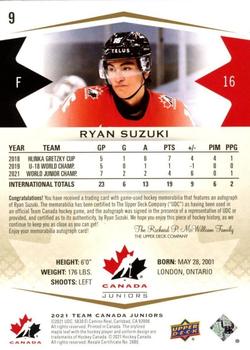 2021-22 Upper Deck Team Canada Juniors - Auto Patch #9 Ryan Suzuki Back