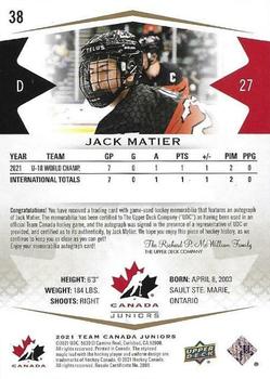 2021-22 Upper Deck Team Canada Juniors - Auto Patch #38 Jack Matier Back