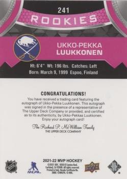 2021-22 Upper Deck MVP - Autographs Magenta #241 Ukko-Pekka Luukkonen Back