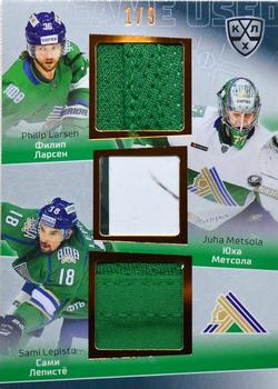2021 Sereal KHL Cards Collection Exclusive - Game-Used Jersey Swatches+Game-Used Sticks KHL Trio #TRI-009 Philip Larsen / Juha Metsola / Sami Lepisto Front