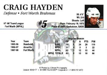1998-99 Roox Fort Worth Brahmas (WPHL) #901017T Craig Hayden Back