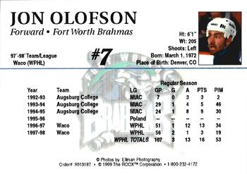 1998-99 Roox Fort Worth Brahmas (WPHL) #901018T Jon Olofson Back