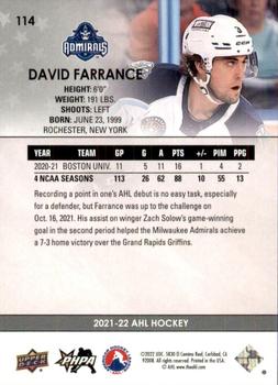 2021-22 Upper Deck AHL #114 David Farrance Back