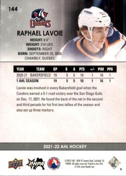2021-22 Upper Deck AHL #144 Raphael Lavoie Back