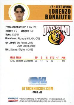 2021-22 Choice Owen Sound Attack (OHL) #12 Lorenzo Bonaiuto Back