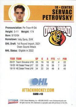2021-22 Choice Owen Sound Attack (OHL) #13 Servac Petrovsky Back