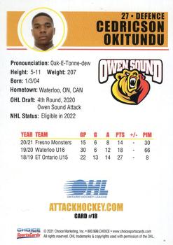 2021-22 Choice Owen Sound Attack (OHL) #18 Cedricson Okitundu Back