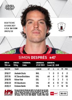 2021-22 Playercards (DEL) #DEL-033 Simon Despres Back
