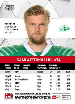 2021-22 Playercards (DEL) #DEL-051 Sami Aittokallio Back