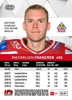 2021-22 Playercards (DEL) #DEL-077 Maximilian Franzreb Back