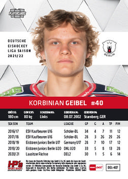 2021-22 Playercards (DEL) #DEL-407 Korbinian Geibel Back
