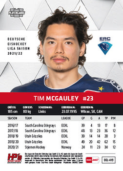 2021-22 Playercards (DEL) #DEL-419 Tim Mcgauley Back