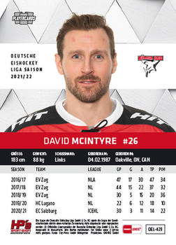 2021-22 Playercards (DEL) #DEL-429 David Mcintyre Back