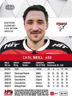 2021-22 Playercards (DEL) #DEL-430 Carl Neill Back