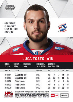 2021-22 Playercards (DEL) #DEL-439 Luca Tosto Back