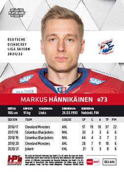 2021-22 Playercards (DEL) #DEL-444 Markus Hännikäinen Back
