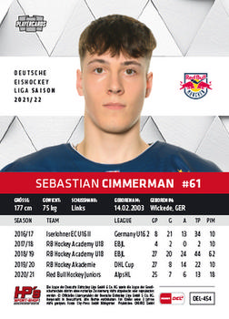 2021-22 Playercards (DEL) #DEL-454 Sebastian Cimmerman Back