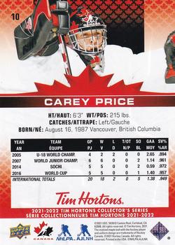 2021-22 Upper Deck Tim Hortons Team Canada #10 Carey Price Back
