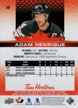 2021-22 Upper Deck Tim Hortons Team Canada #39 Adam Henrique Back
