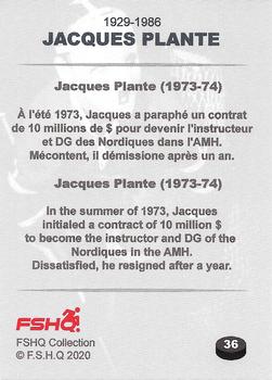 2020 FSHQ Collection Jacques Plante #36 Jacques Plante Back
