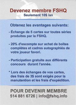 2020 FSHQ Collection Jacques Plante #NNO Devenez Membre FSHQ Back