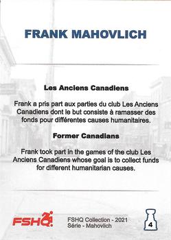 2021 FSHQ Collection Mahovlich #4 Les Anciens Canadiens / Former Canadiens Back