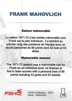 2021 FSHQ Collection Mahovlich #15 Saison mémorable / Memorable season Back